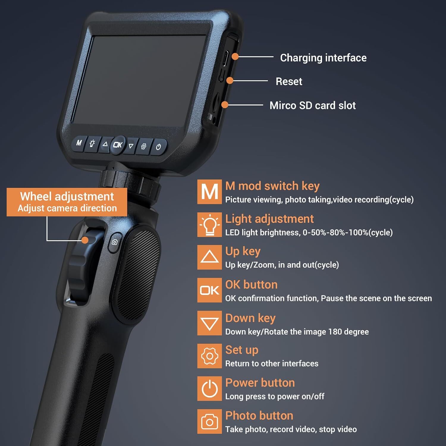 Two-Way Articulating Borescope Endoscope Camera Inspection +LED Light 32GB Card