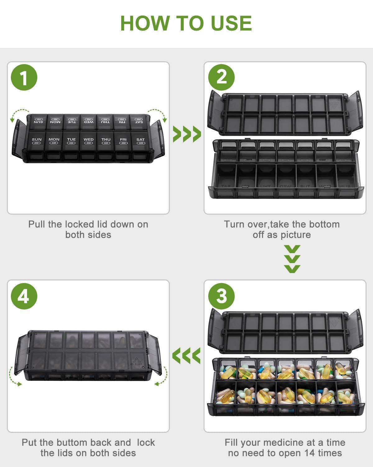 Weekly Pill Organizer AM/PM 7 Day 2 Times a Day Extra Large Easy to Clean
