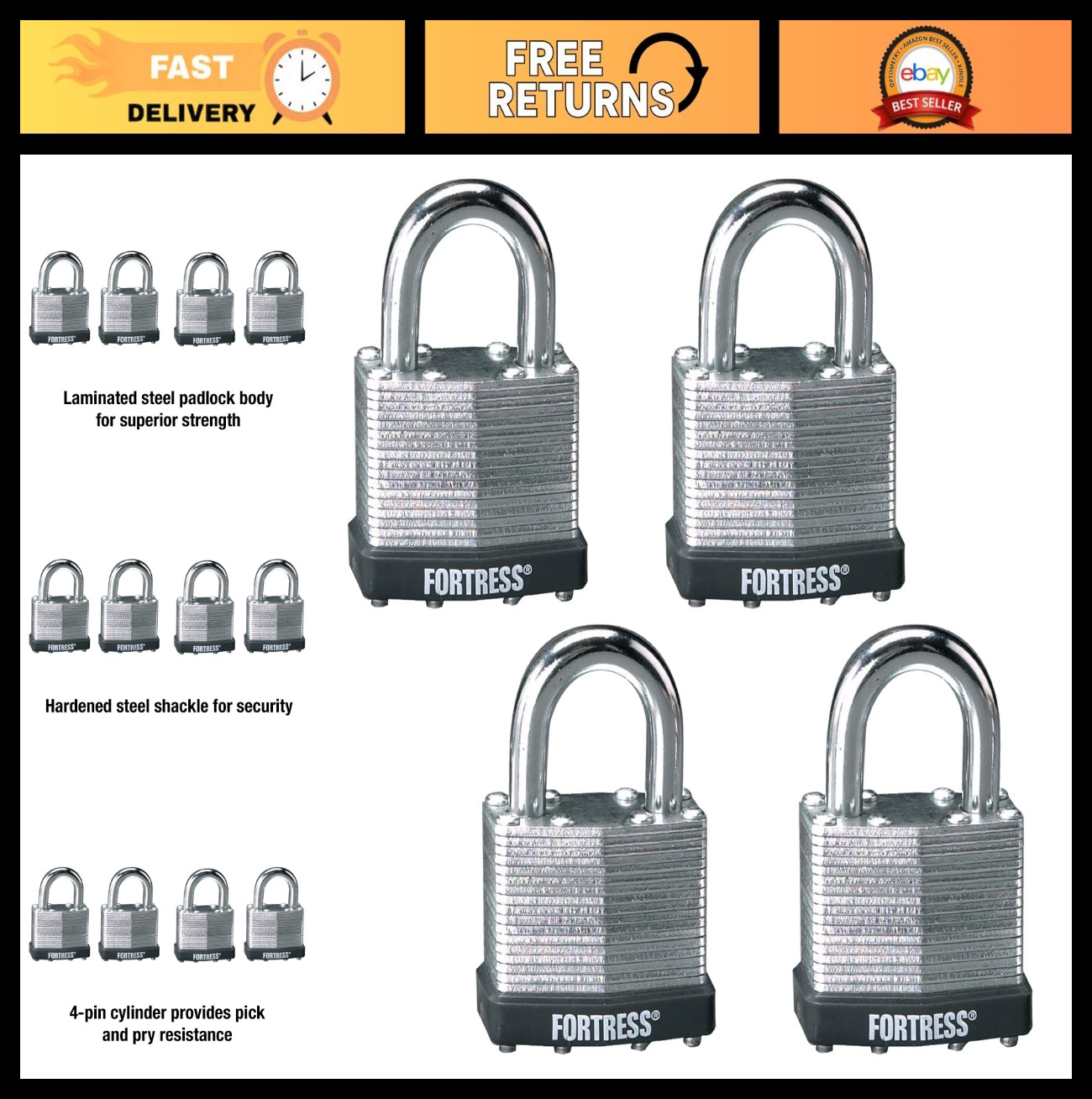 Outdoor Padlock Set, 4 Pack Keyed-Alike, Heavy Duty Security Lock for Gates & Sh