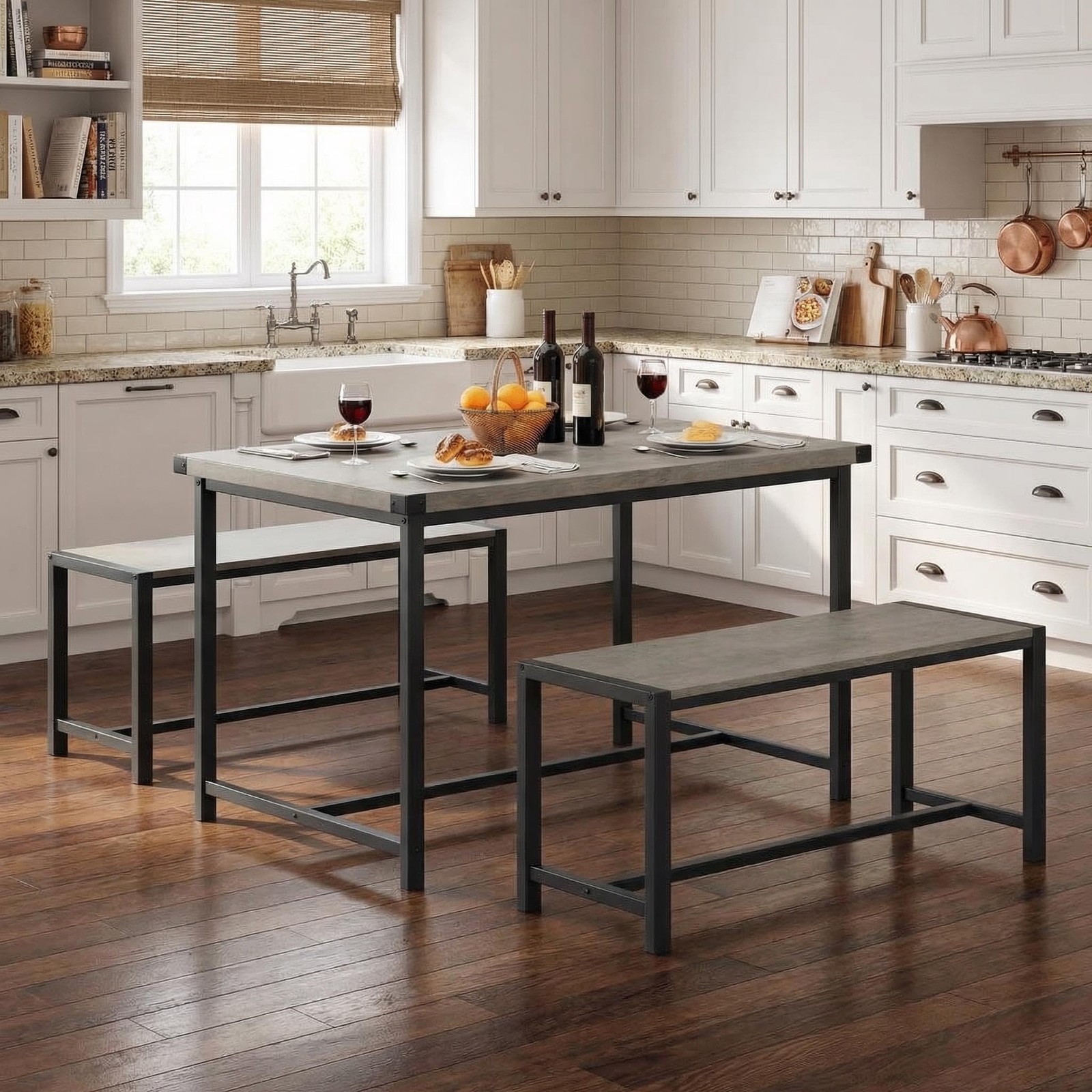 Kitchen Dining Table Set for 4 People Dinner Table with 2 Bench for Dining Room