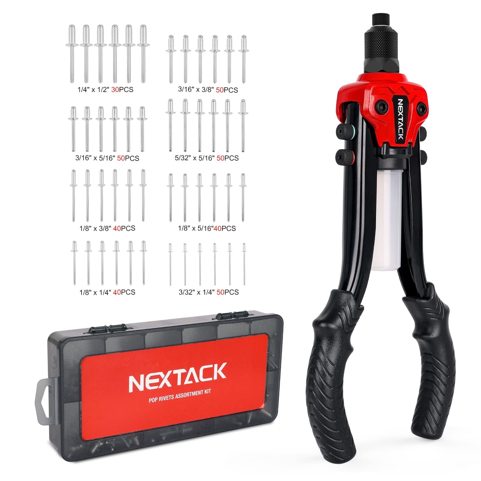 NEXTACK Rivet Gun Kit with 350 Blind 1/4 w/ 350 Rivets, Red Black