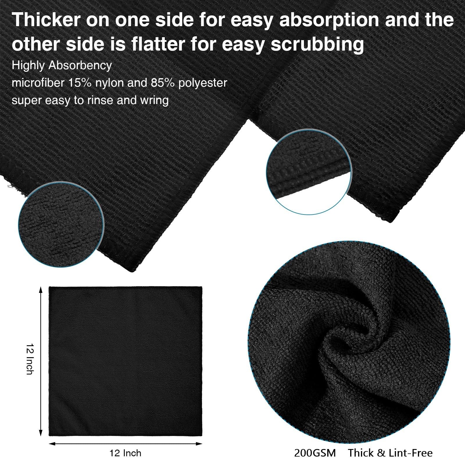 Macarrie 200 Microfiber Cleaning Cloths 12x12 Black