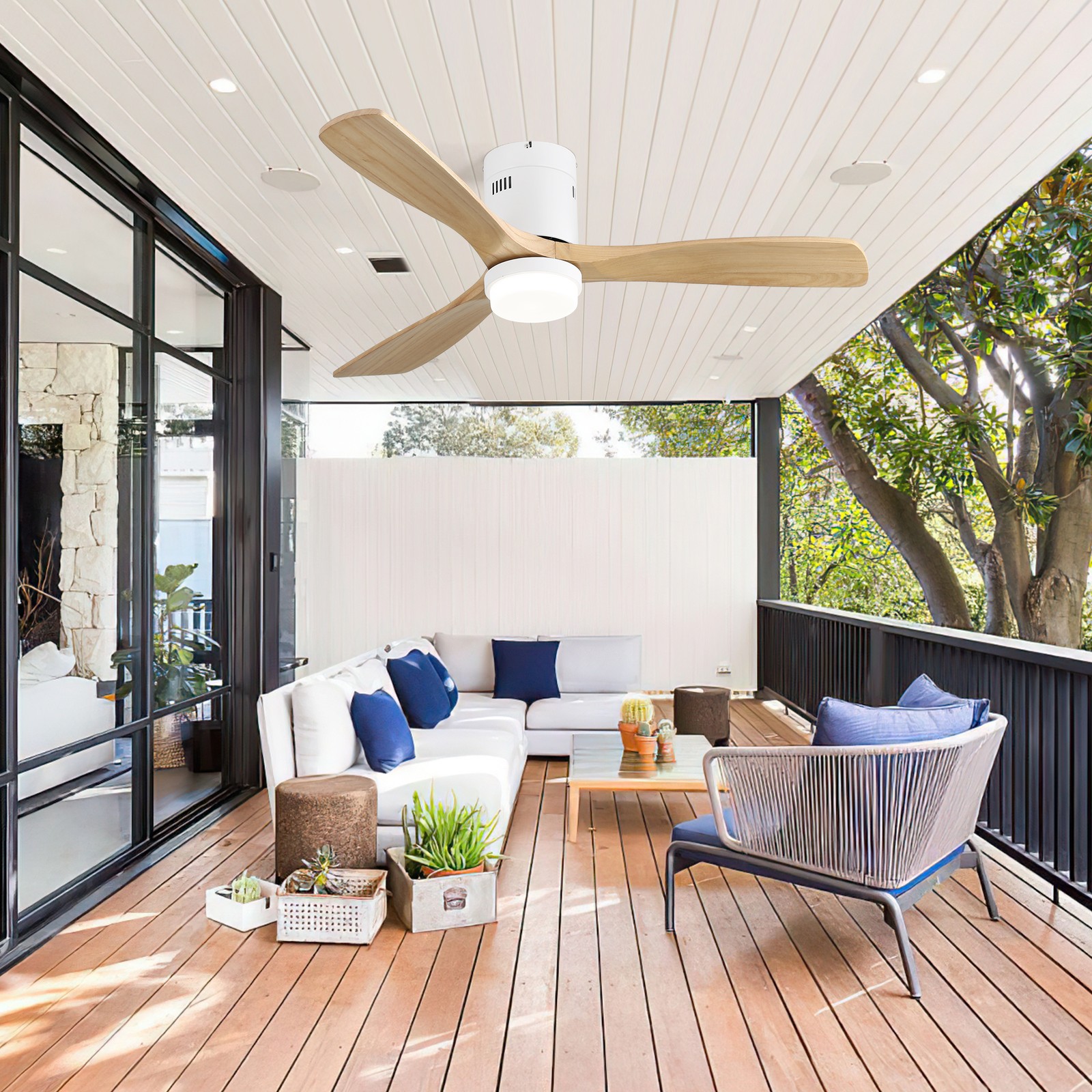 52 Inch Decorative Ceiling Fan With 6 Speed Remote White 3 Solid Wood Blades