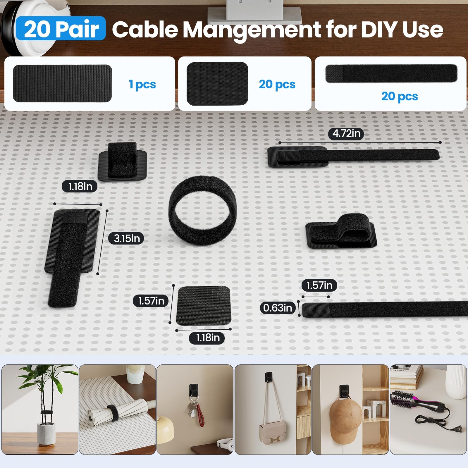 Under Desk Cable Management Cable Clips Hook Loop Ties, 20 Pairs