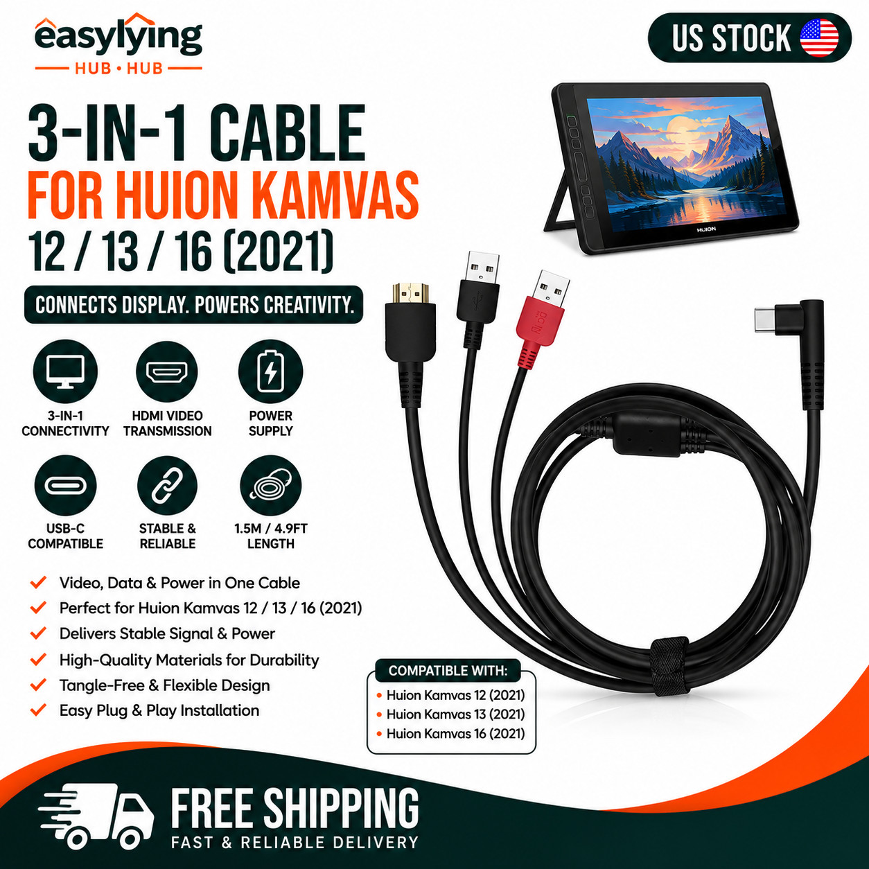3-in-1 Cable 1.5M for Huion Kamvas 12 13 16 (2021) - Connects Display