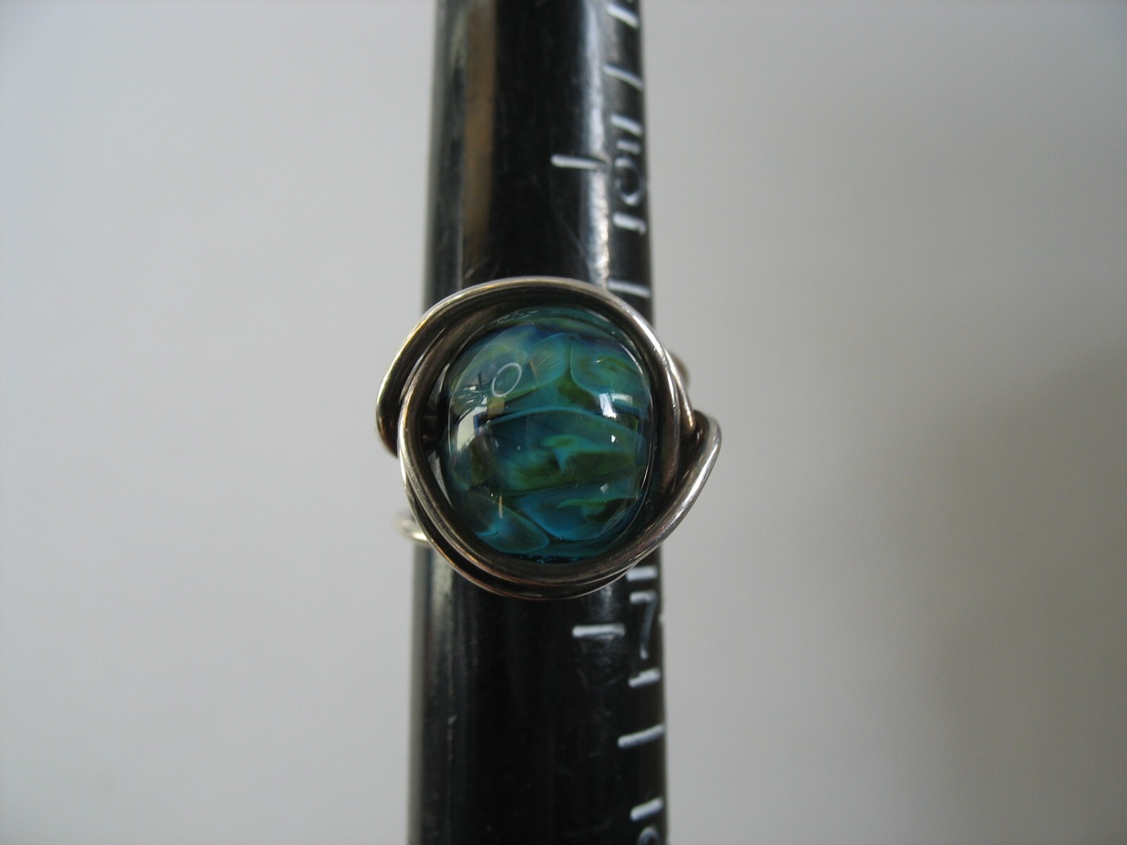 Handmade Silver wire wrap ring Green blue aqua round bead 6 1/2