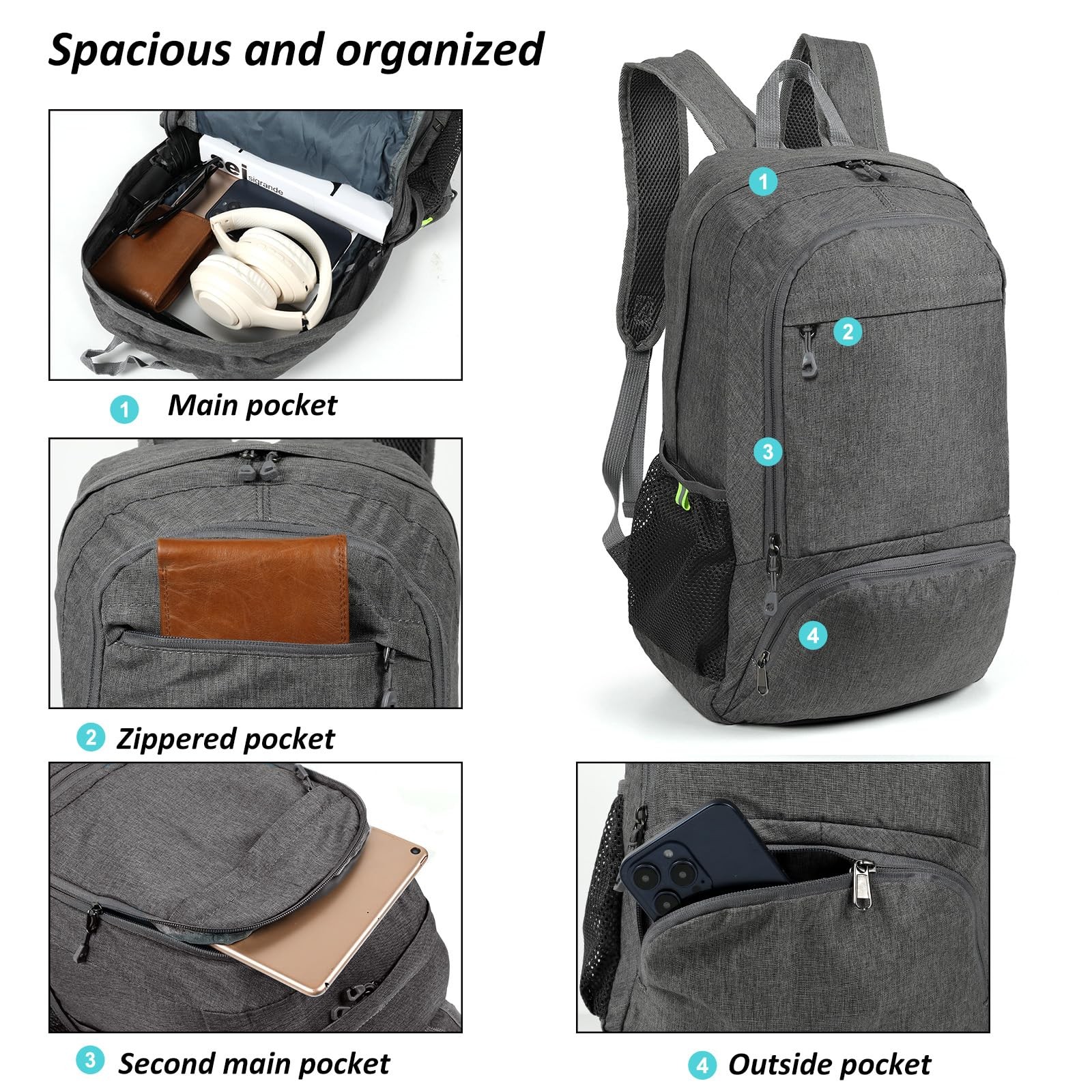 25L Ultra Lightweight Packable Backpack Foldable Hiking Travel Daypack Gray