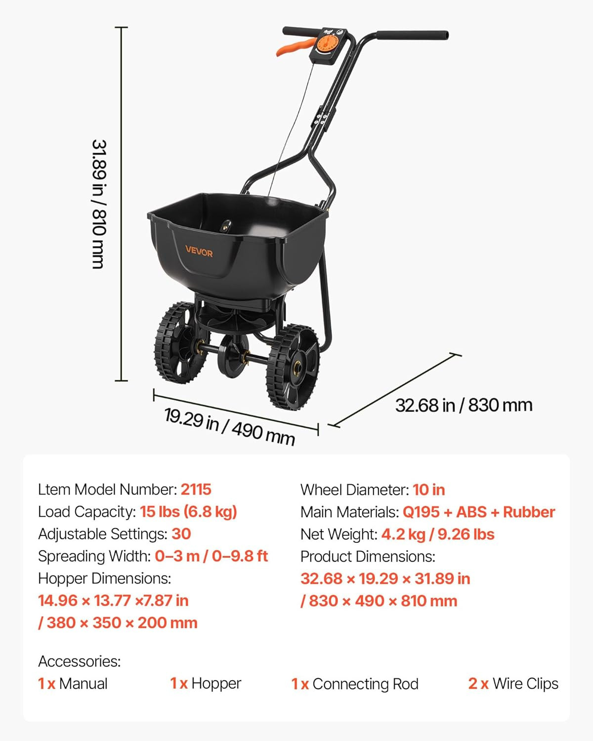 Broadcast Spreader, 9.8Ft Spreading Width, Push Broadcast Spreader with 10" All-