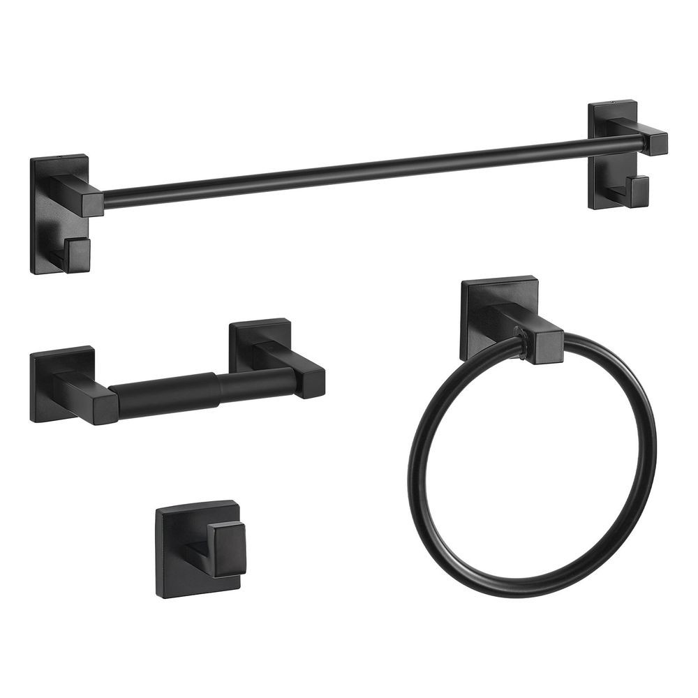 4 Piece Matte Black Bathroom Set Towel Bar Ring Hook Paper Holder 24 in