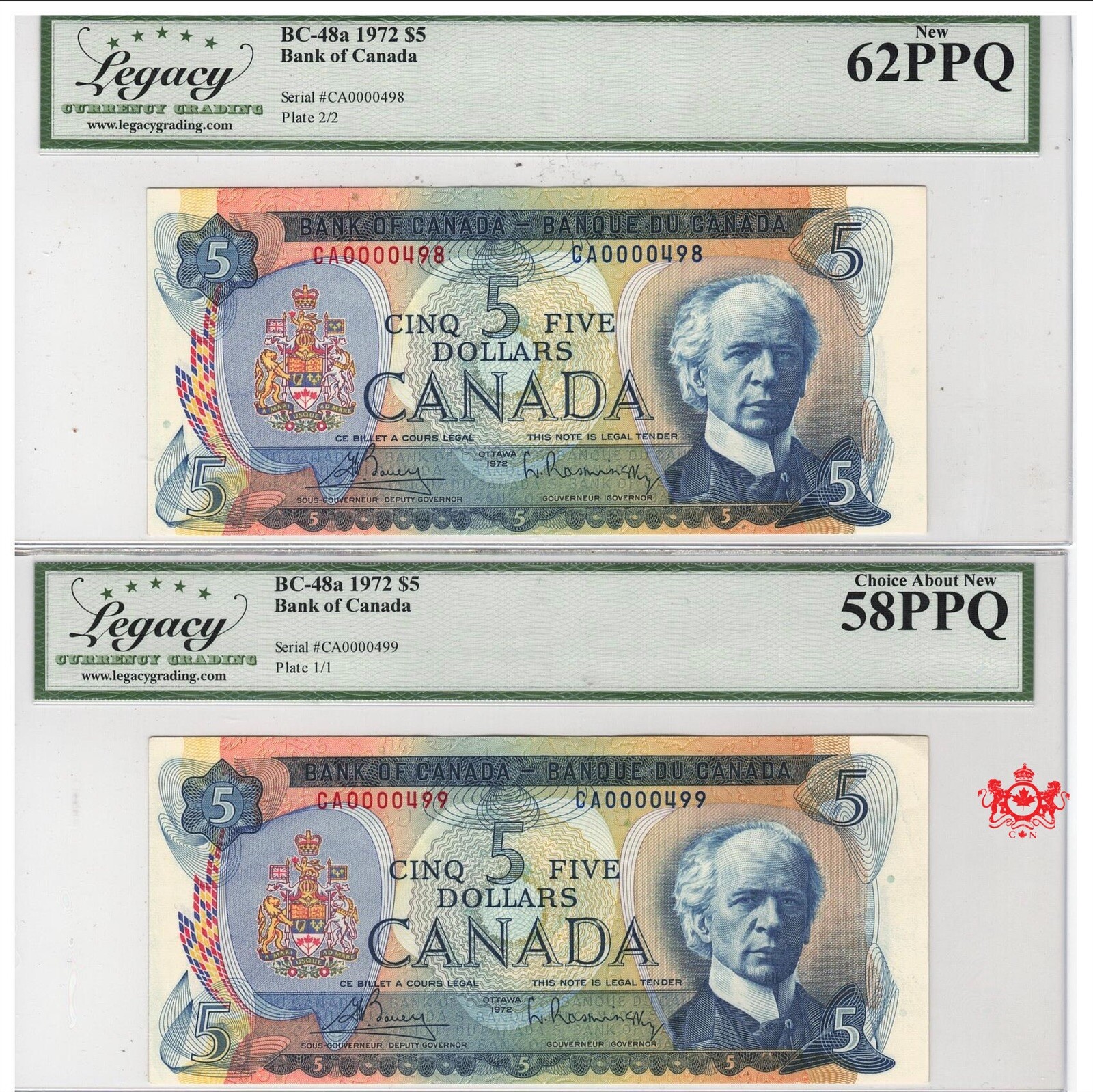 1972 Bank Of Canada 5$ Consecutive Low Serial Pair - Legacy AU58 & UNC62 -