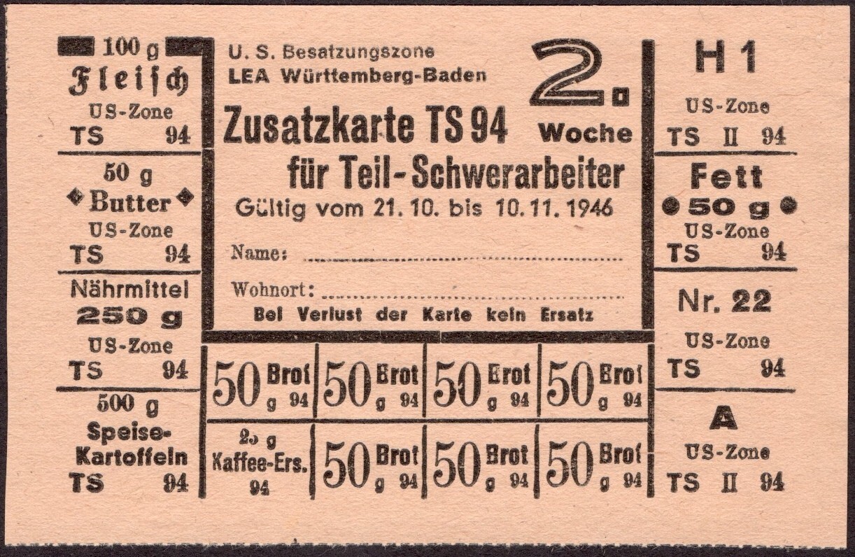 Food Rations coupon (US-occupation zone) - 1946 Germany Württemberg Baden- K54