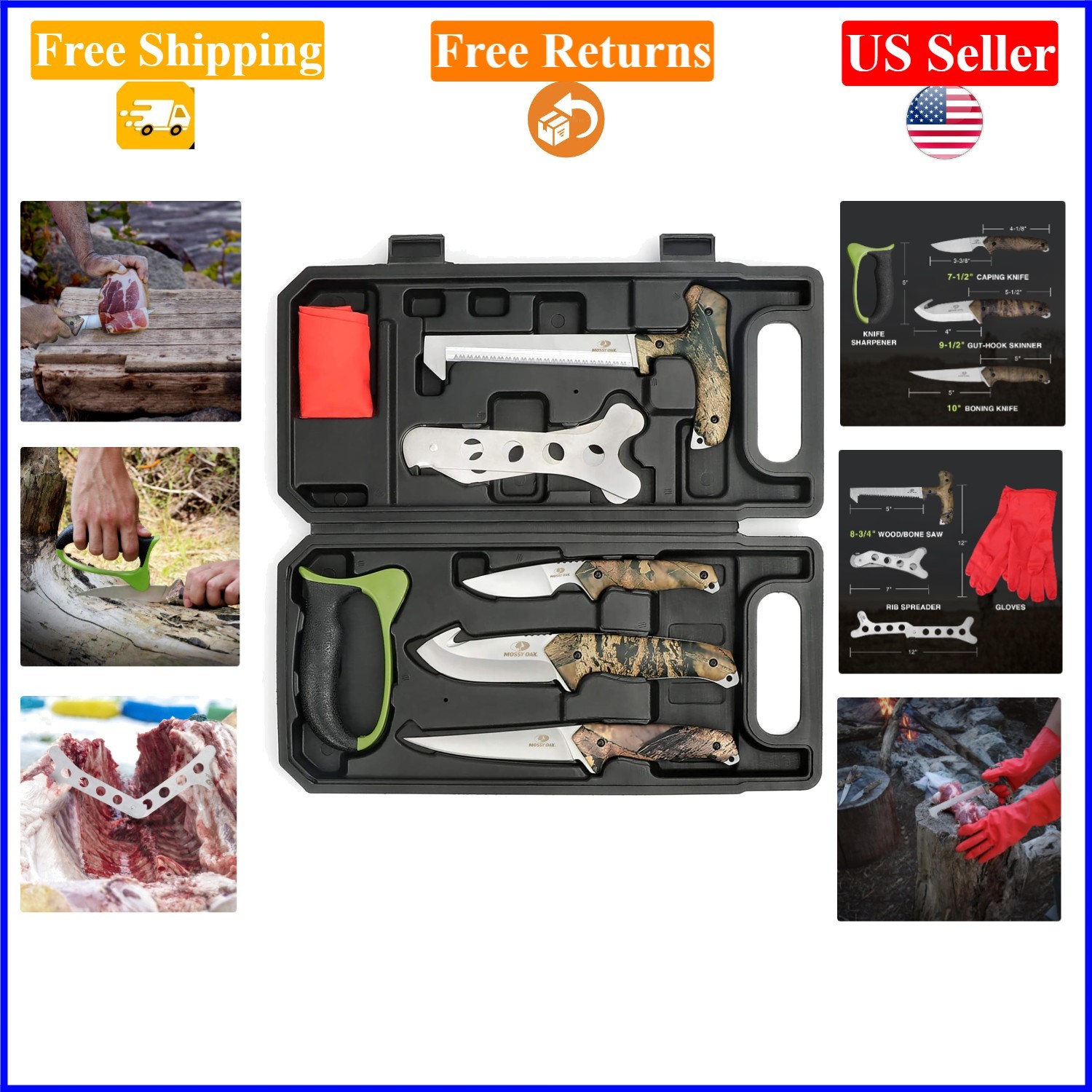 8-Piece Green Camo Hunting Field Dressing Kit for Big Game Processing