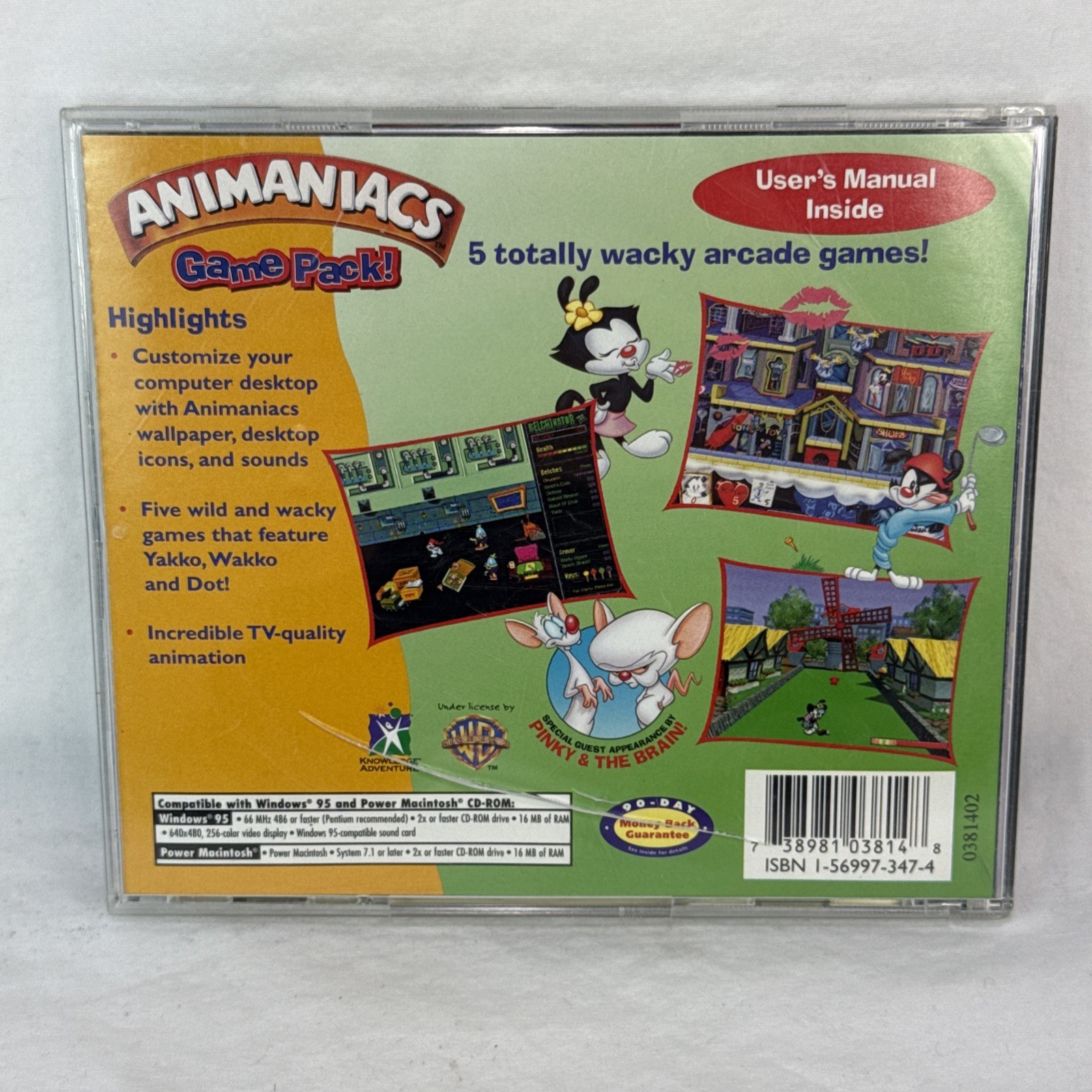 Animaniacs Game Pack PC CD ROM Windows 95 Play Zone VTG CIB Complete Funny Bone