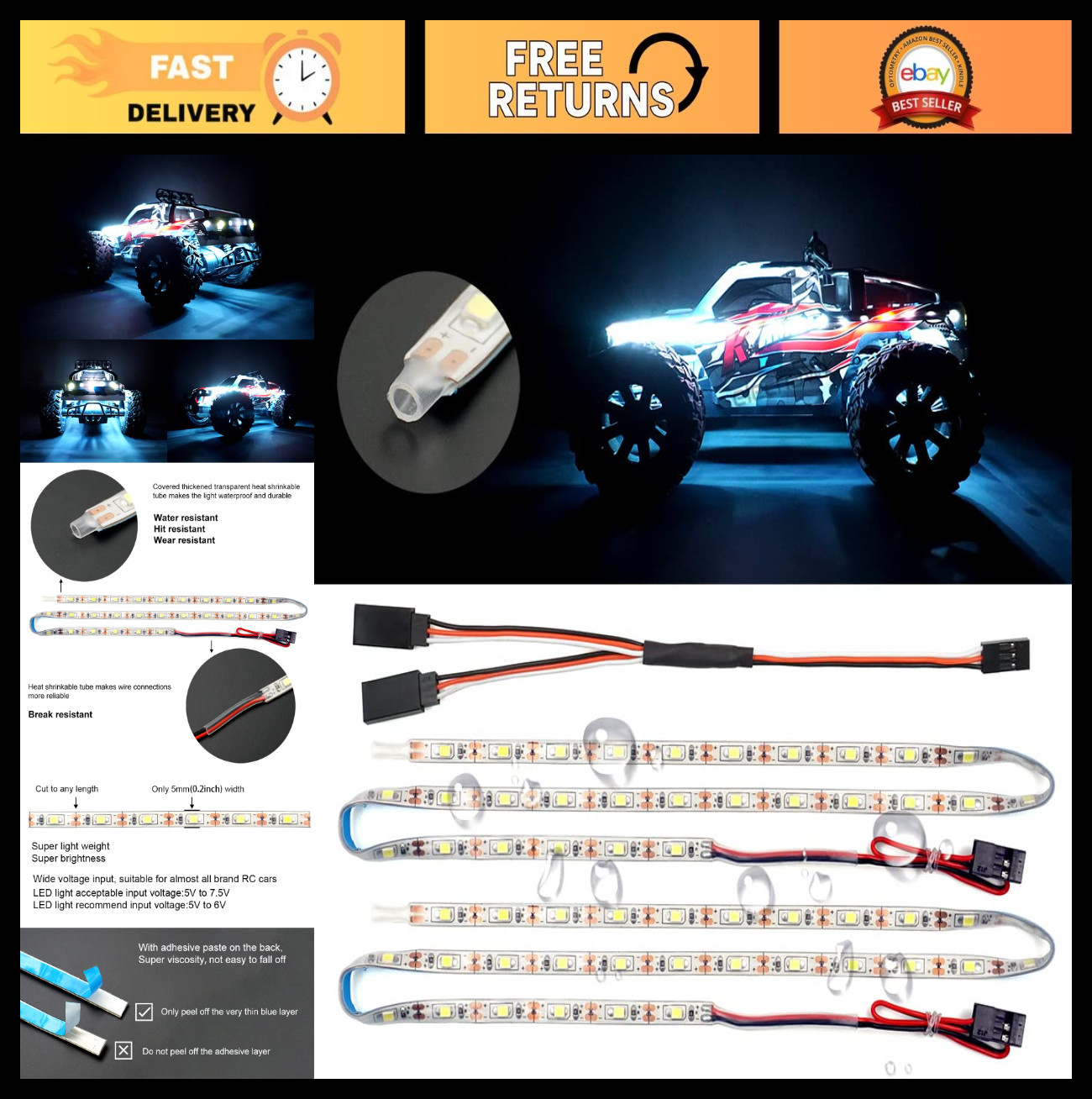 Waterproof LED Light Strips for RC Cars, Trucks, Drones & Boats - White Underglo