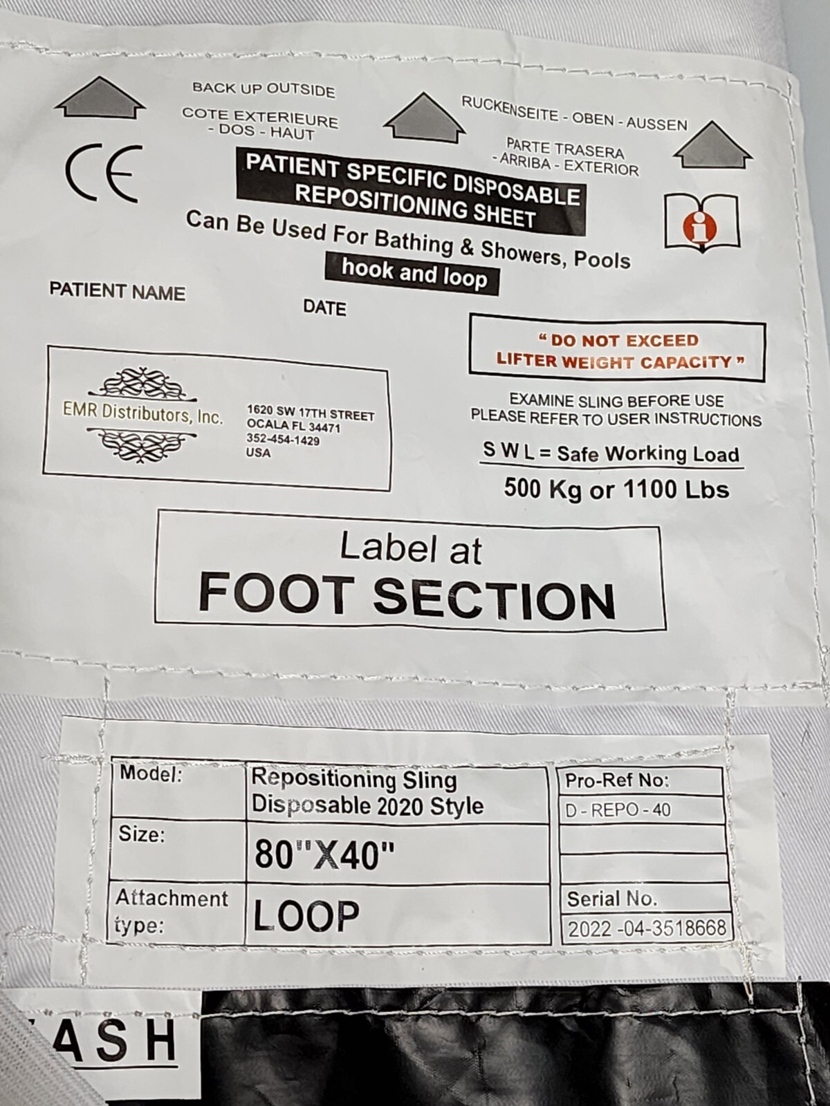 EMR Disposable Repositioning Sling 1100 Lbs Workload, New Opened