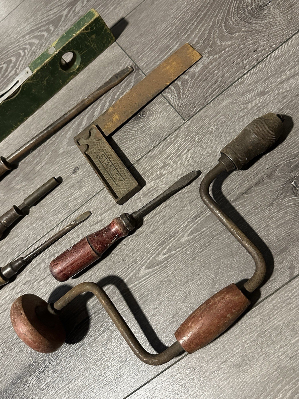 Antique Vintage Carpenters Tools Stanley Square Level Brace Screwdrivers