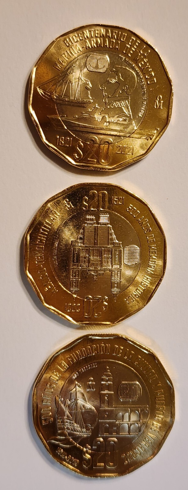 Monedas $20 Pesos 2019 y 2021 - Veracruz, Marina y Caida Tenochtitlan Lote de 3