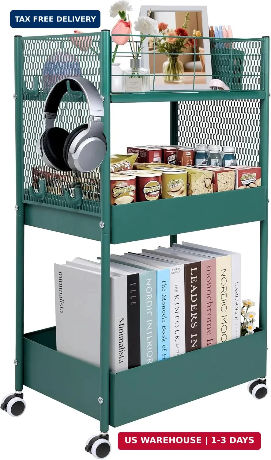 3 Tier Rolling Storage Cart Metal Utility Cart with Wheels | Office Organizer wi