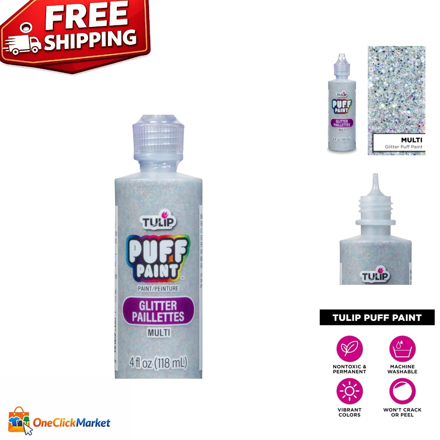 Vibrant Glitter Multi Dimensional Fabric Paint - 4 Fl Oz, No Mess, Permanent