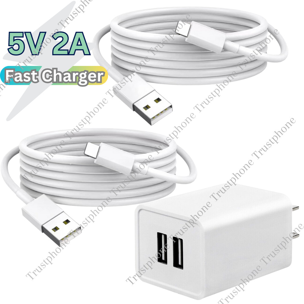 Dual USB Power Adapter AC Home Wall Charger Cable USB Cord For iPhone 6 7 8 X XR