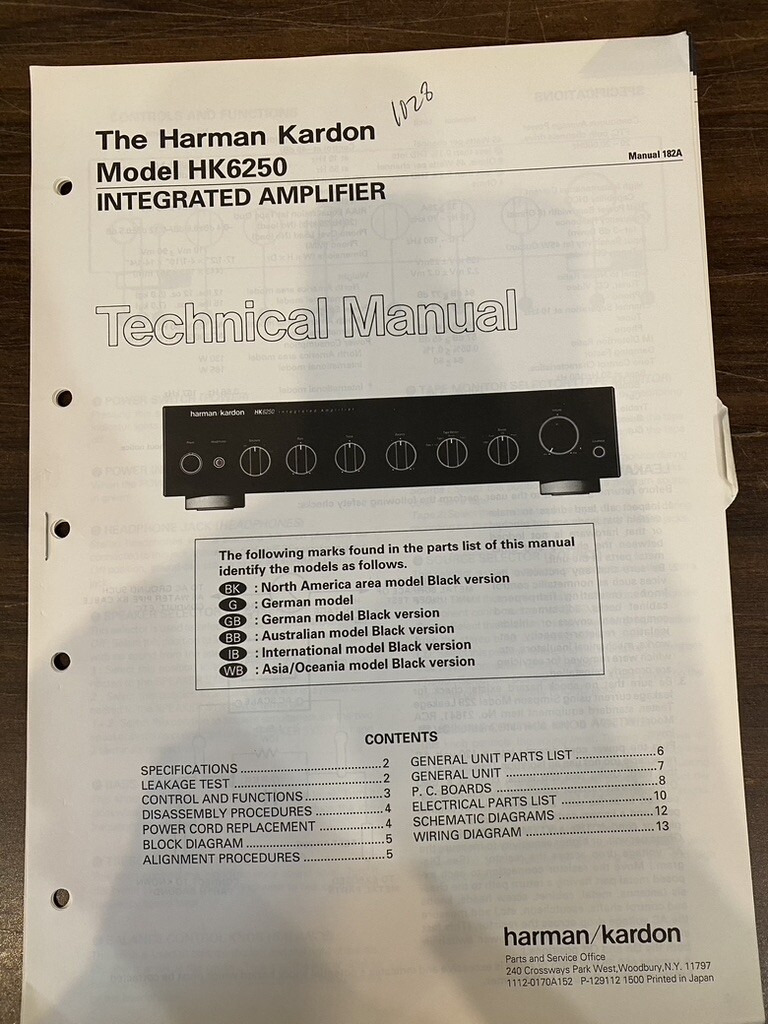 HARMAN KARDON HK6250 HK 6250 Service Manual *ORIGINAL* BOOK OR PDF-FREE SHIP