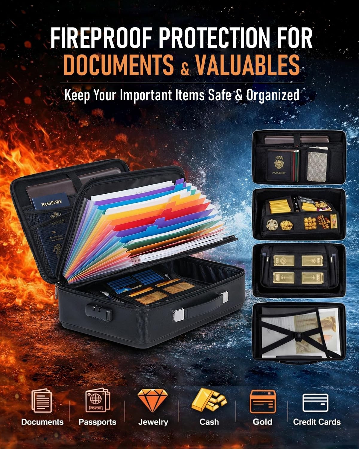 Fireproof Waterproof Document Box Safe with Lock - Hard-Shell Storage for Laptop