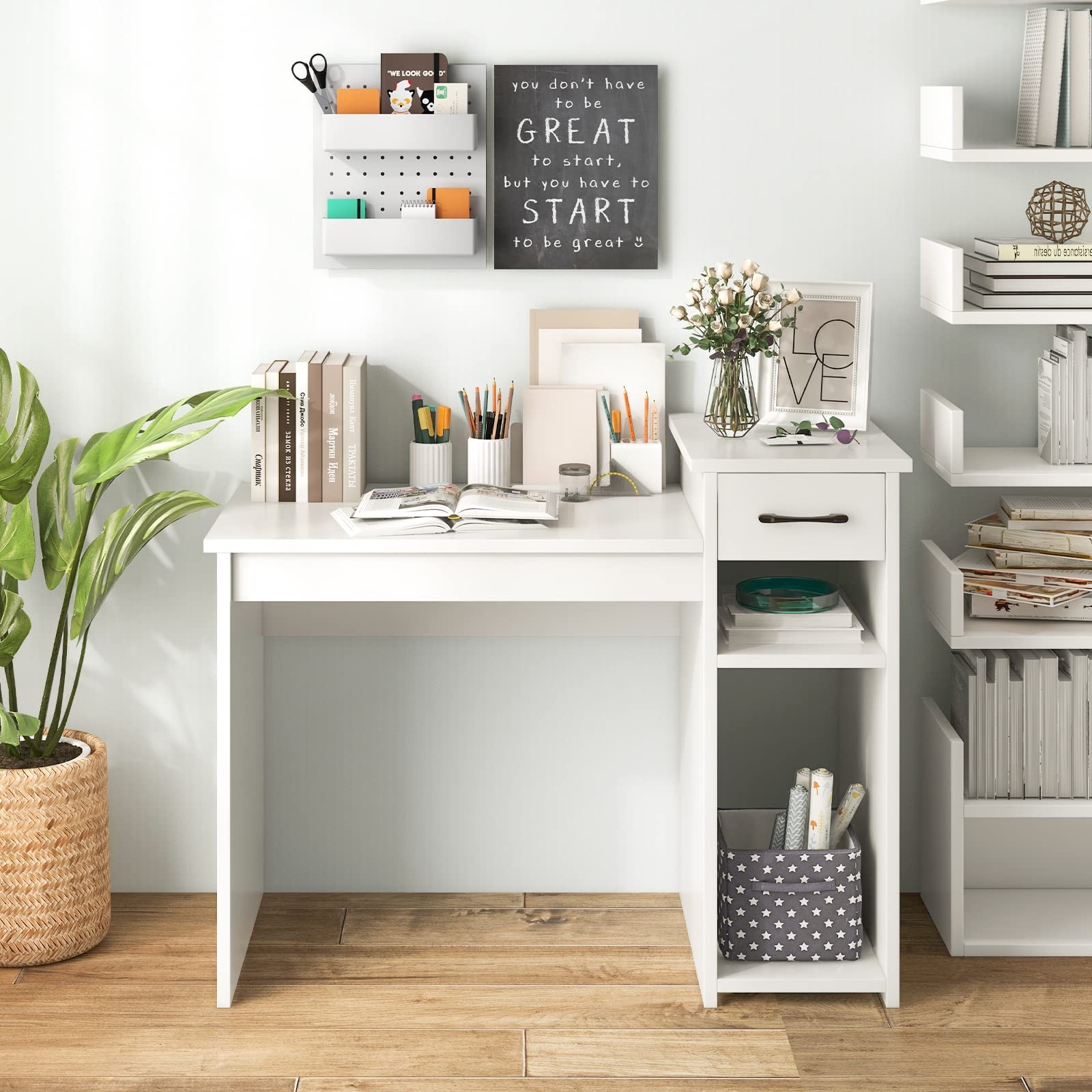 Giantex White 40" Computer Desk Study Writing Table w/ Drawers & Printer Shelf