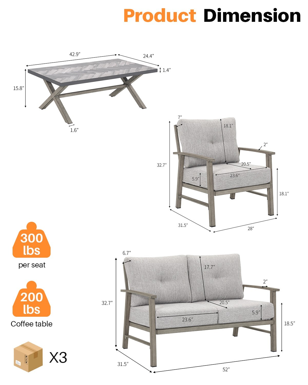 SeeHill 4 Piece Patio Conversation Sets Limed Oak Aluminum Patio Furniture Set