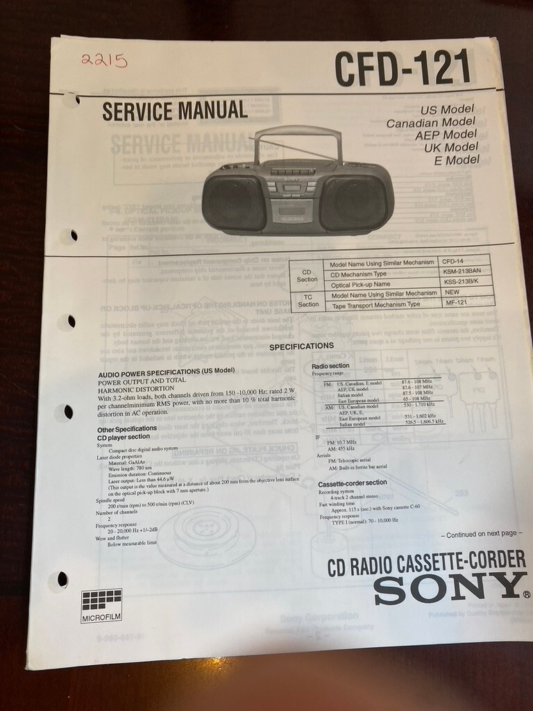 SONY CFD-121 CFD121 Service Manual FROM THE USA **ORIGINAL** 2215 4954