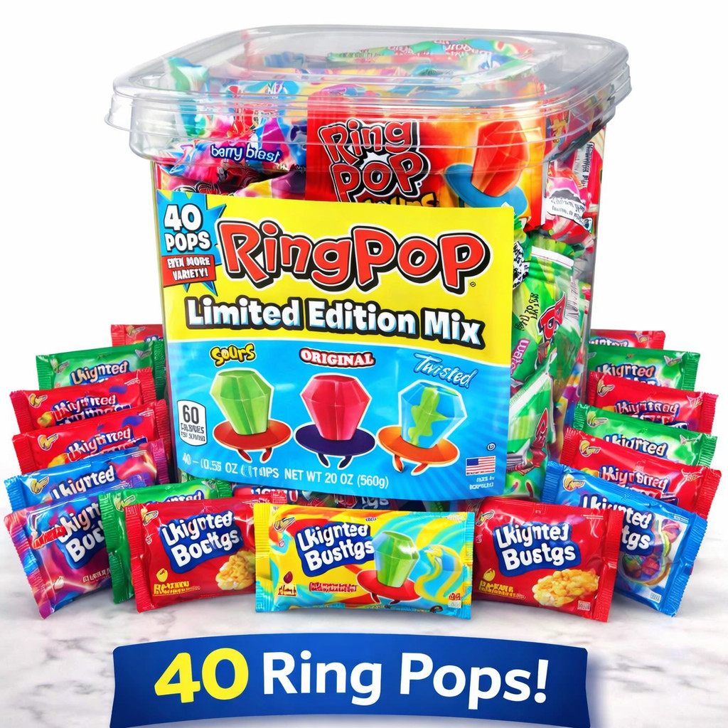 Ring Pop Assorted Flavors Lollipops Candy Tub Bulk Variety Pack (0.5 oz., 40 ct.