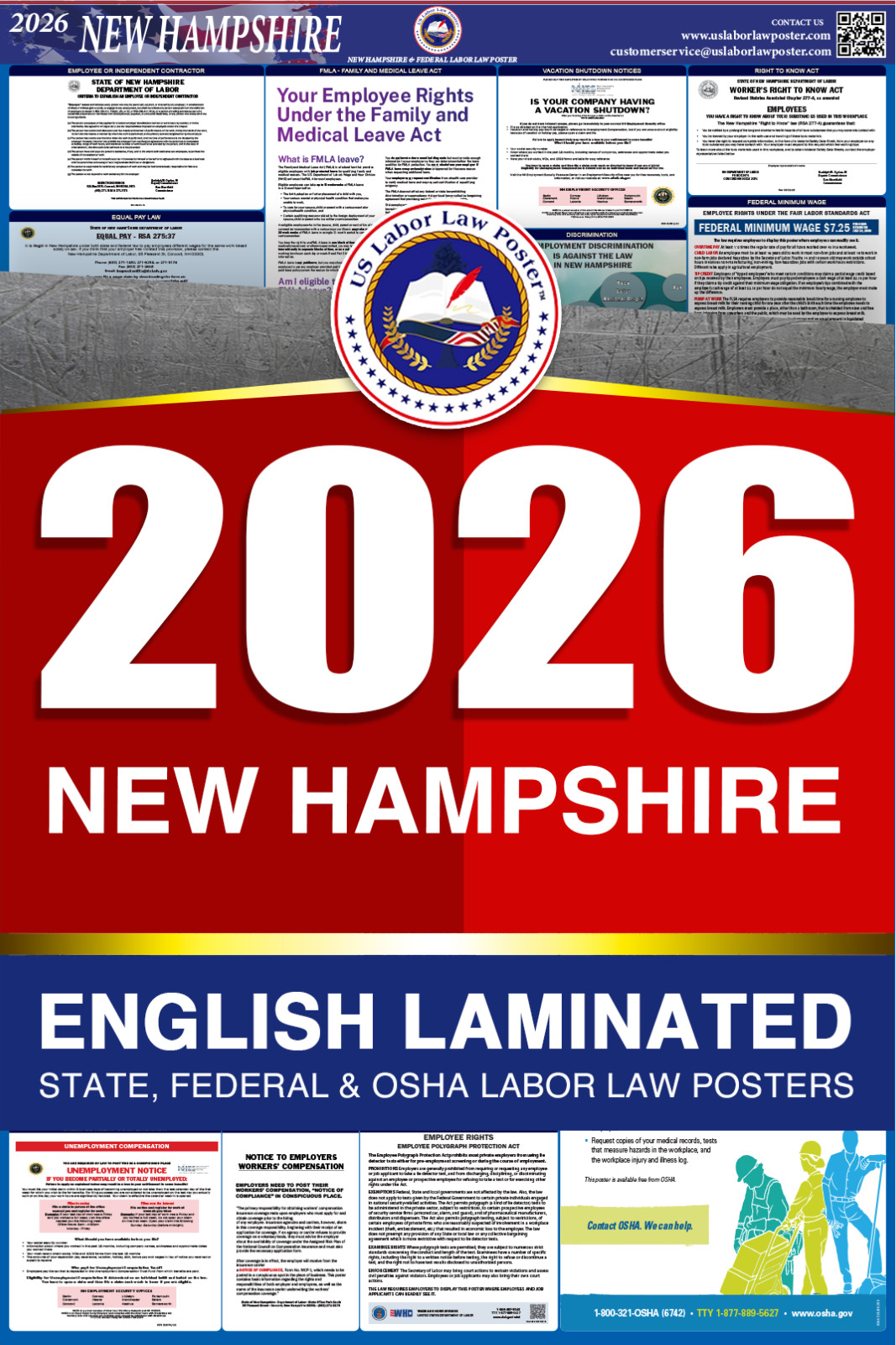 2026 New Hampshire NH LABOR LAW POSTER (Federal & State) English Laminated
