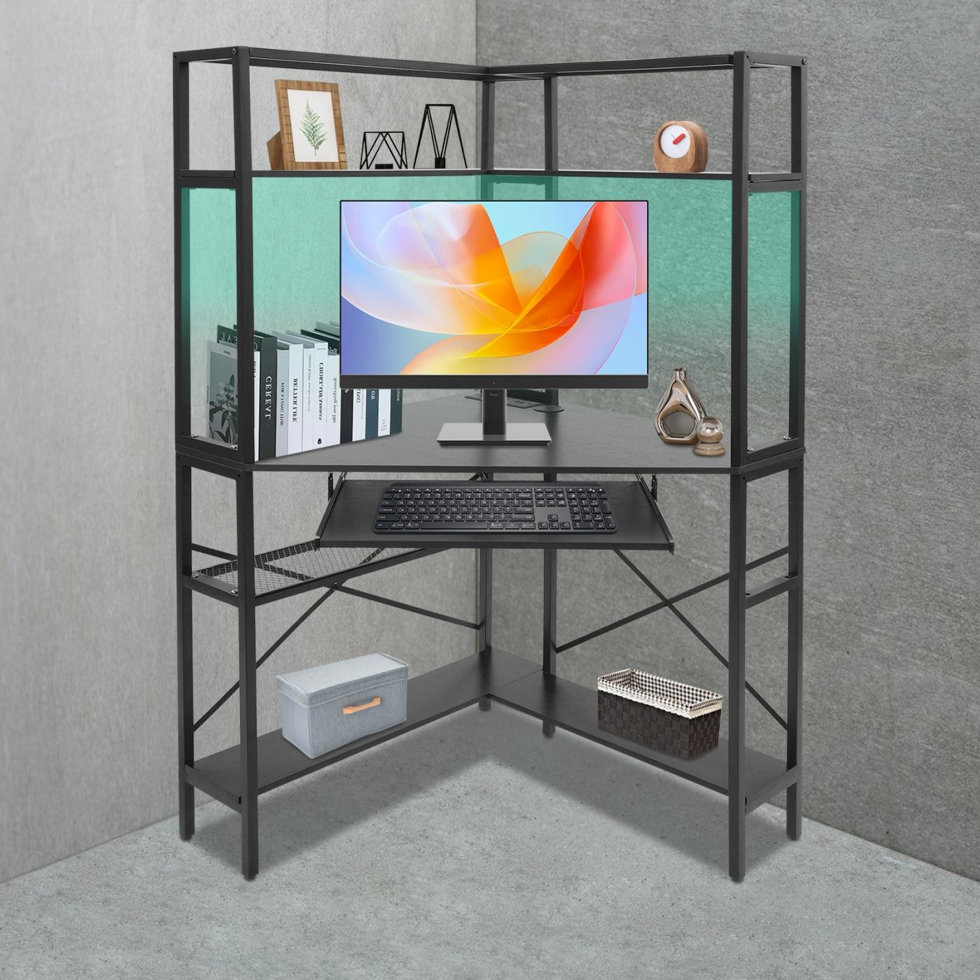 Black Corner Desk, Corner Computer Desk with Power Outlets, Home Computer Desk