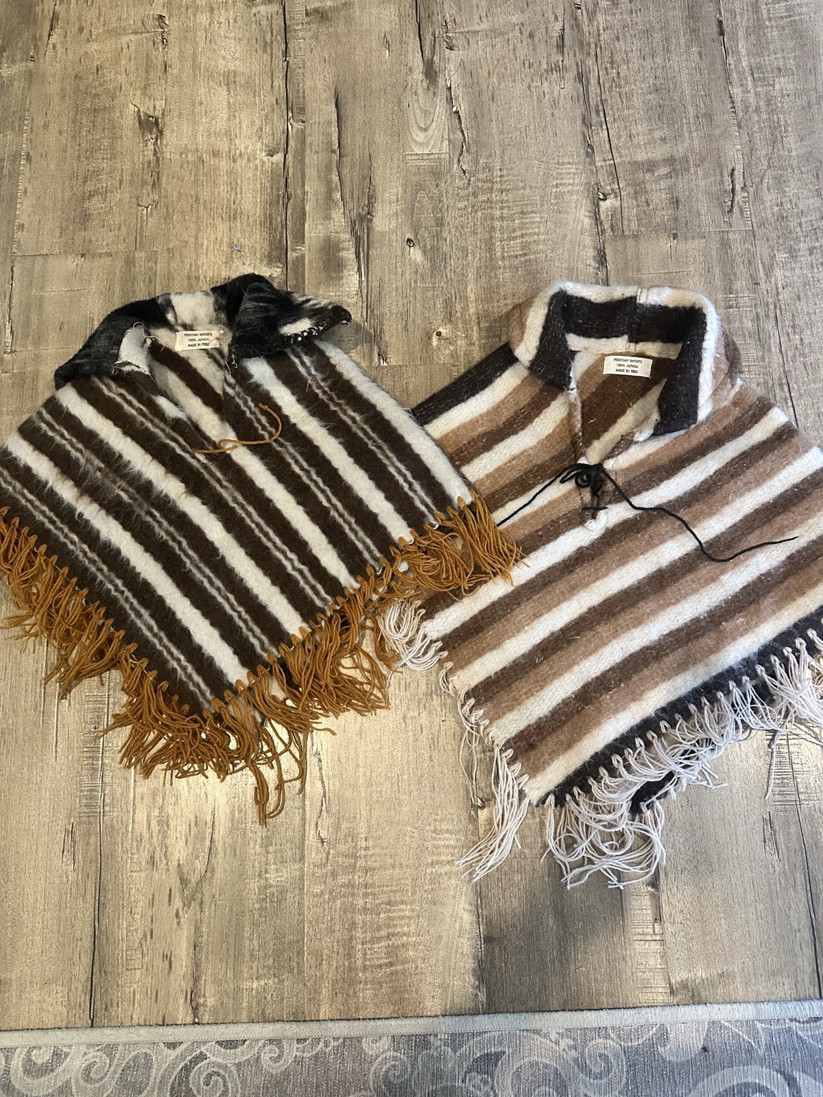Peruvian Baby Alpaca Poncho Fringe Brown Tan Black Hand Woven ART TO WEAR OS
