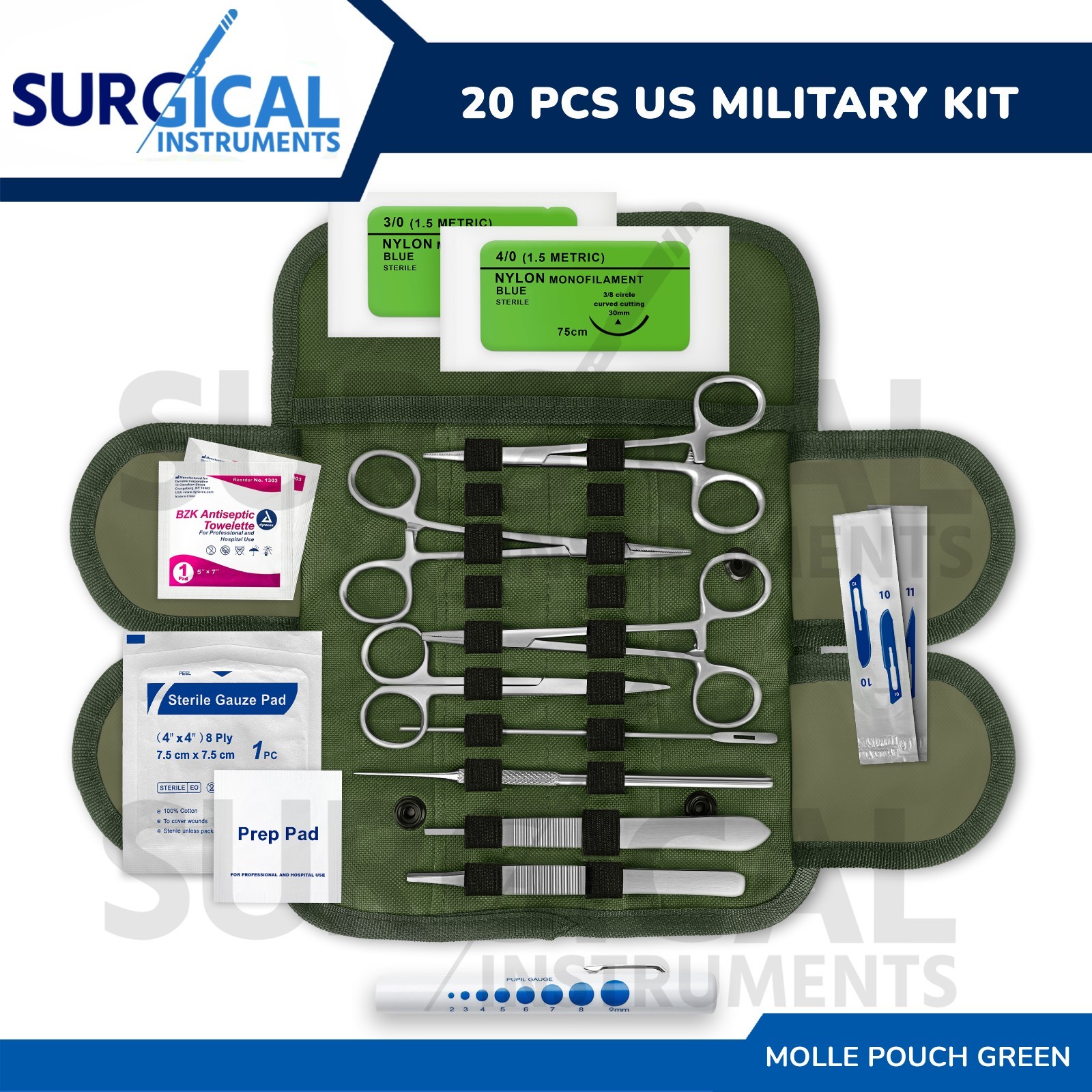 20 Pcs US Military Style Surplus Emergency Survival Kit Green Molle Pouch German