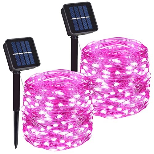 Total 200 LED Solar Powered Copper Wire String Lights Outdoor, 2 Pack Pink