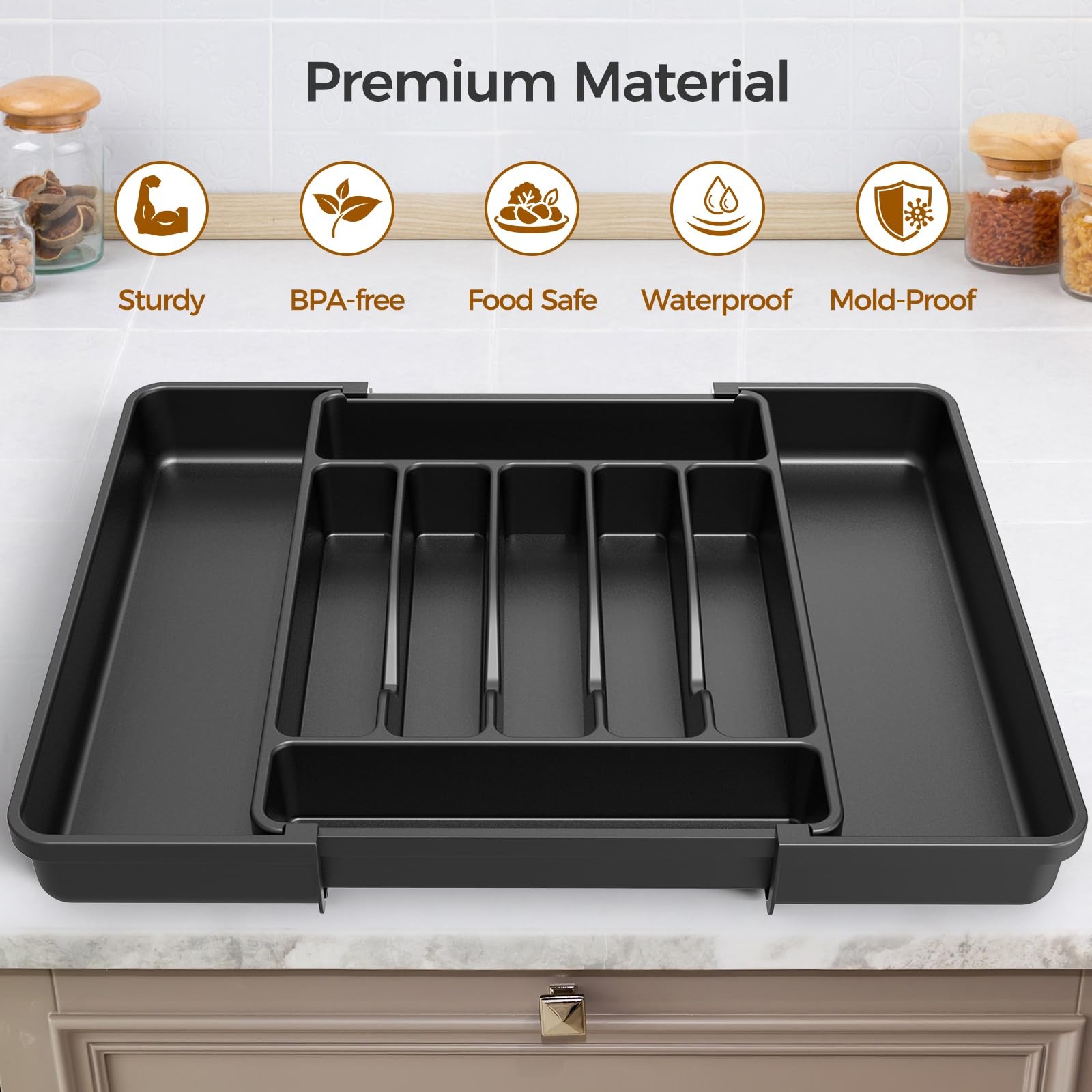 ukeetap Extra Large Expandable Silverware Organizer, BPA-Free Food-Safe Black