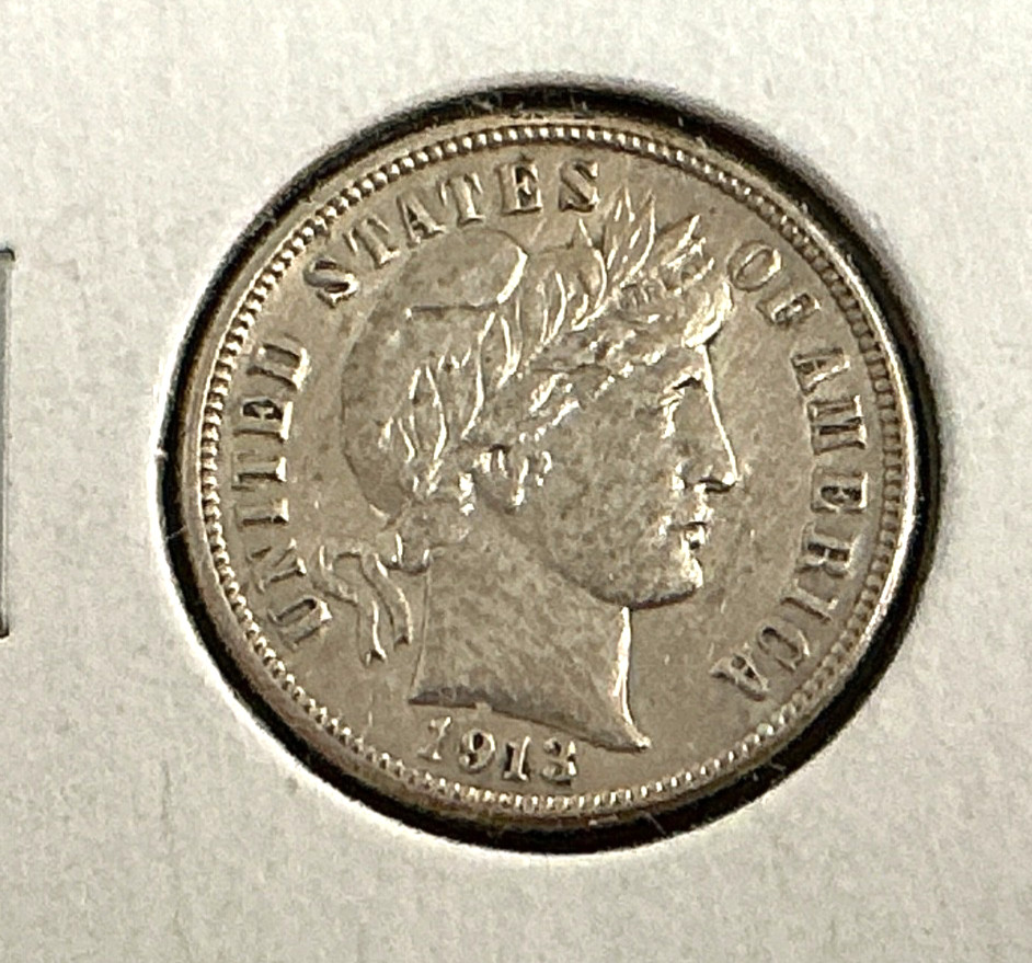 1913 Barber Silver Dime 10C - AU+.
