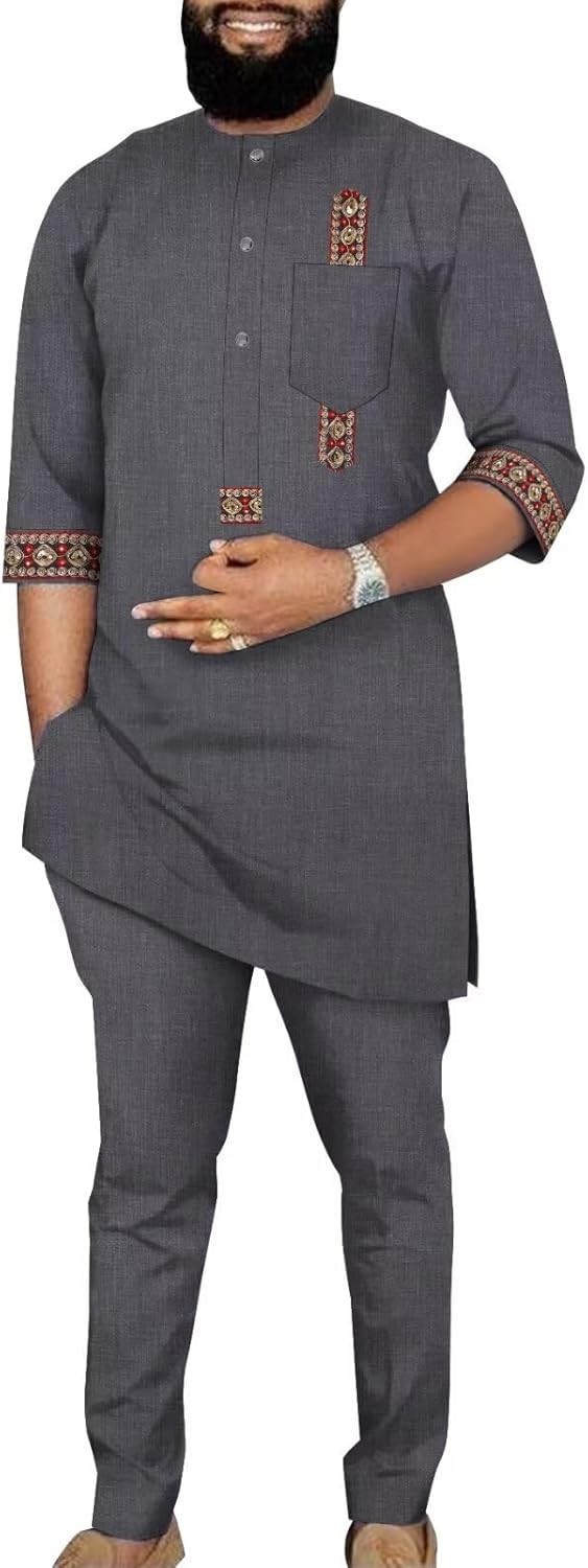 2 Piece Dashiki Oufits Mens African Formal Attire 3/4 Sleeve