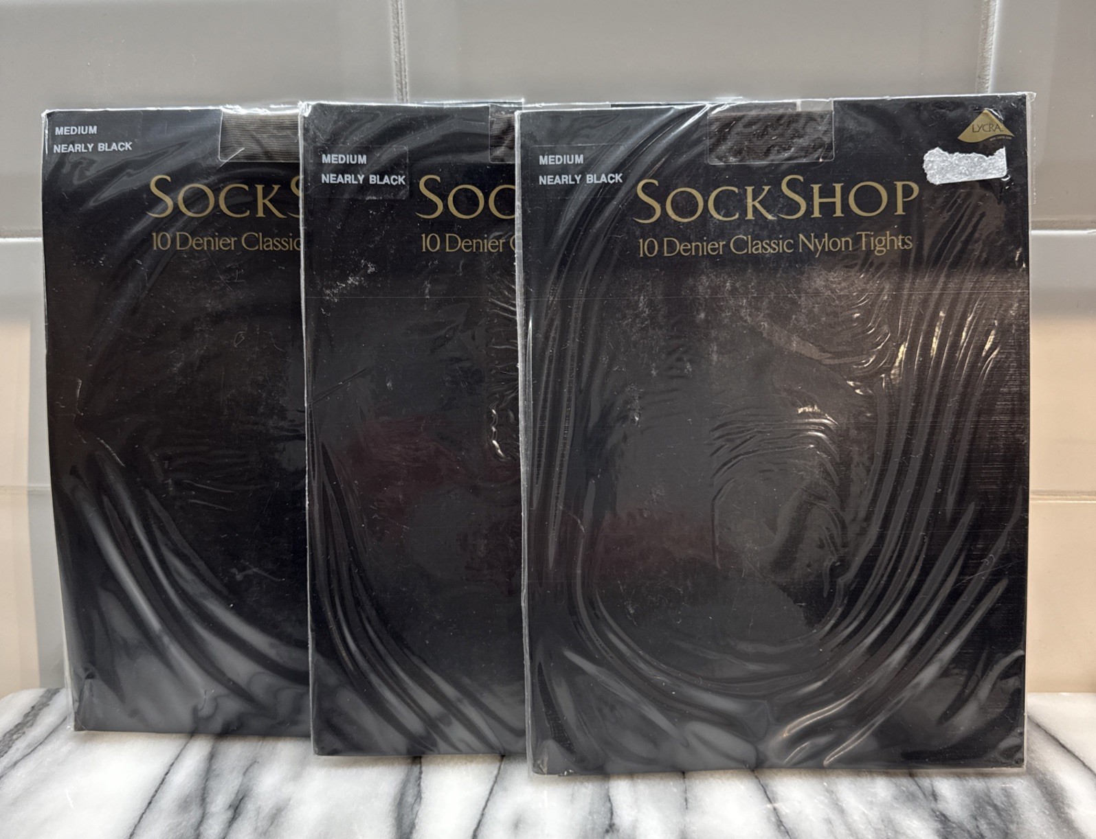 3 X Sockshop 10 Denier Classic Nylon Tights Nearly Black Size Medium. Made Italy