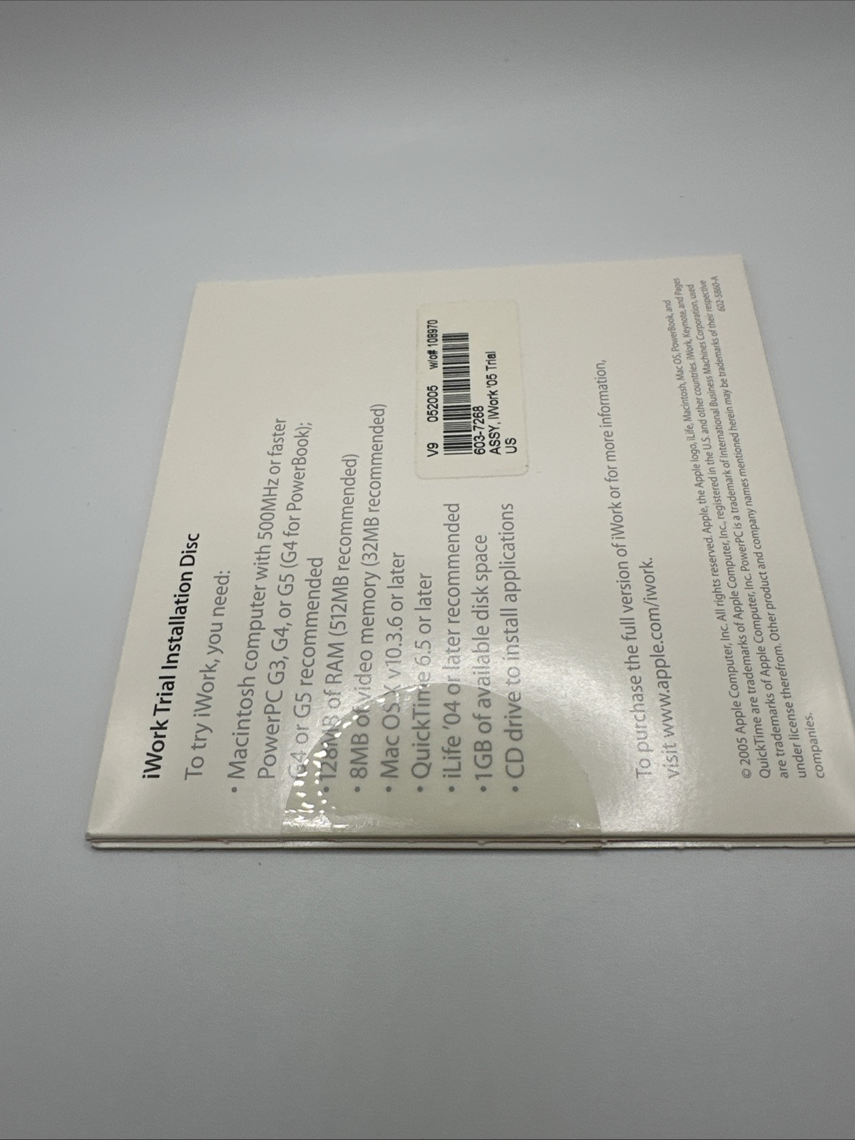 Apple iWork '05 Trial Version CD-ROM Package 603-7268-C