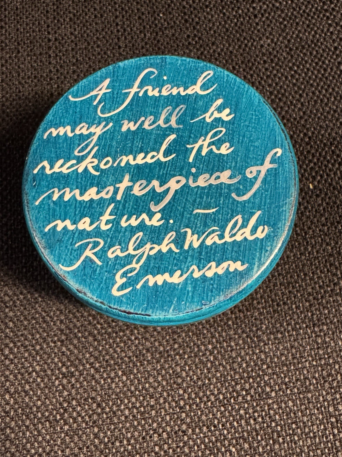 Ralph Waldo Emerson trinket box, turquoise with gold quote, artist created