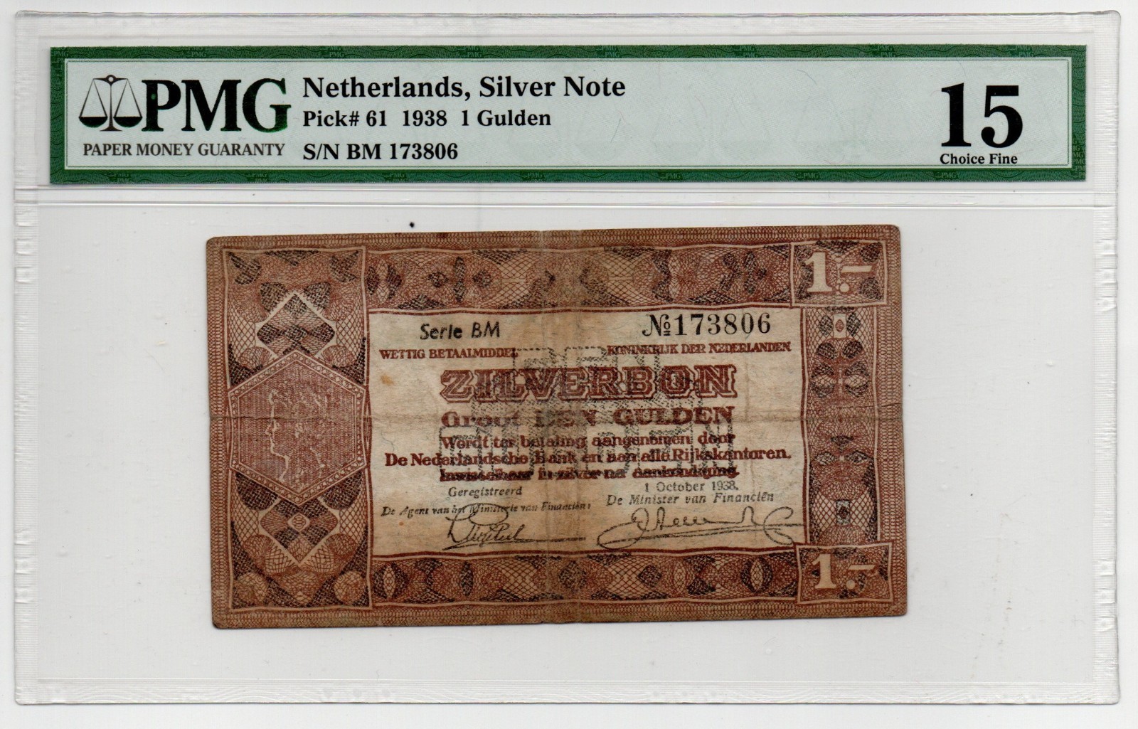 NETHERLANDS 1938 SILVER NOTE - 1 gulden P#61  PMG choice fine 15