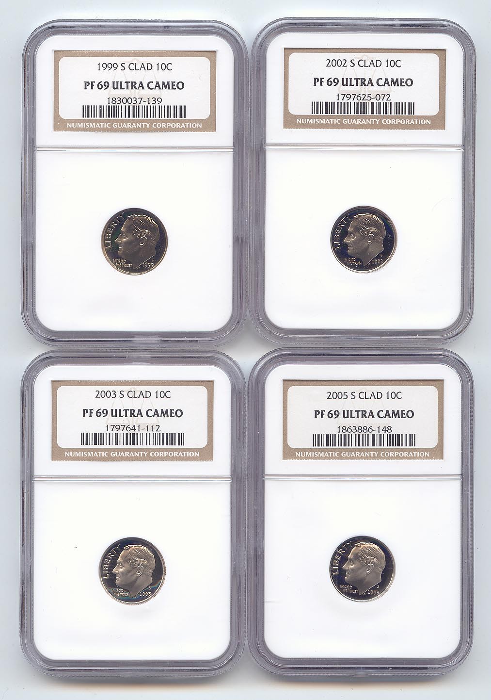 4 Proof Roosevelt Dime, All NGC PF-69 Ultra Cameo,1999-S, 2002-S, 2003-S, 2005-S