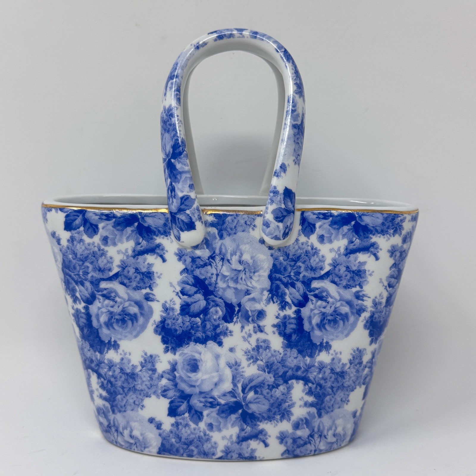 White & Blue Rose Chintz Porcelain Purse Vase Gold Trim A Special Place 2003