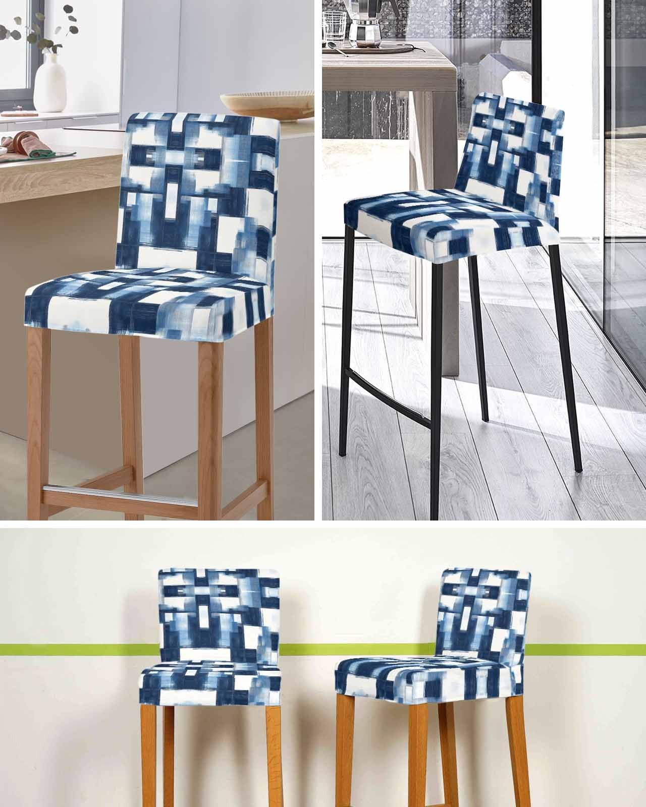 Abstract Geometric Patterns Bar Stool Covers with Backs Blue & White Stretch ...