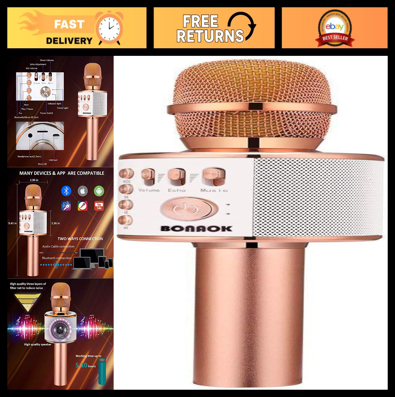 Wireless Bluetooth Karaoke Microphone - 3-in-1 Portable Handheld Mic & Speaker f