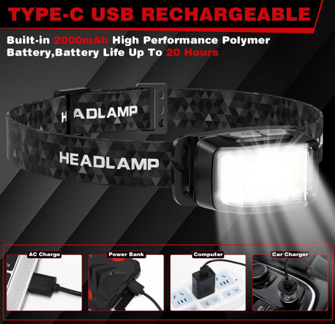 Linterna frontal LED recargable 2000 lúmenes sensor 16 modos IPX6