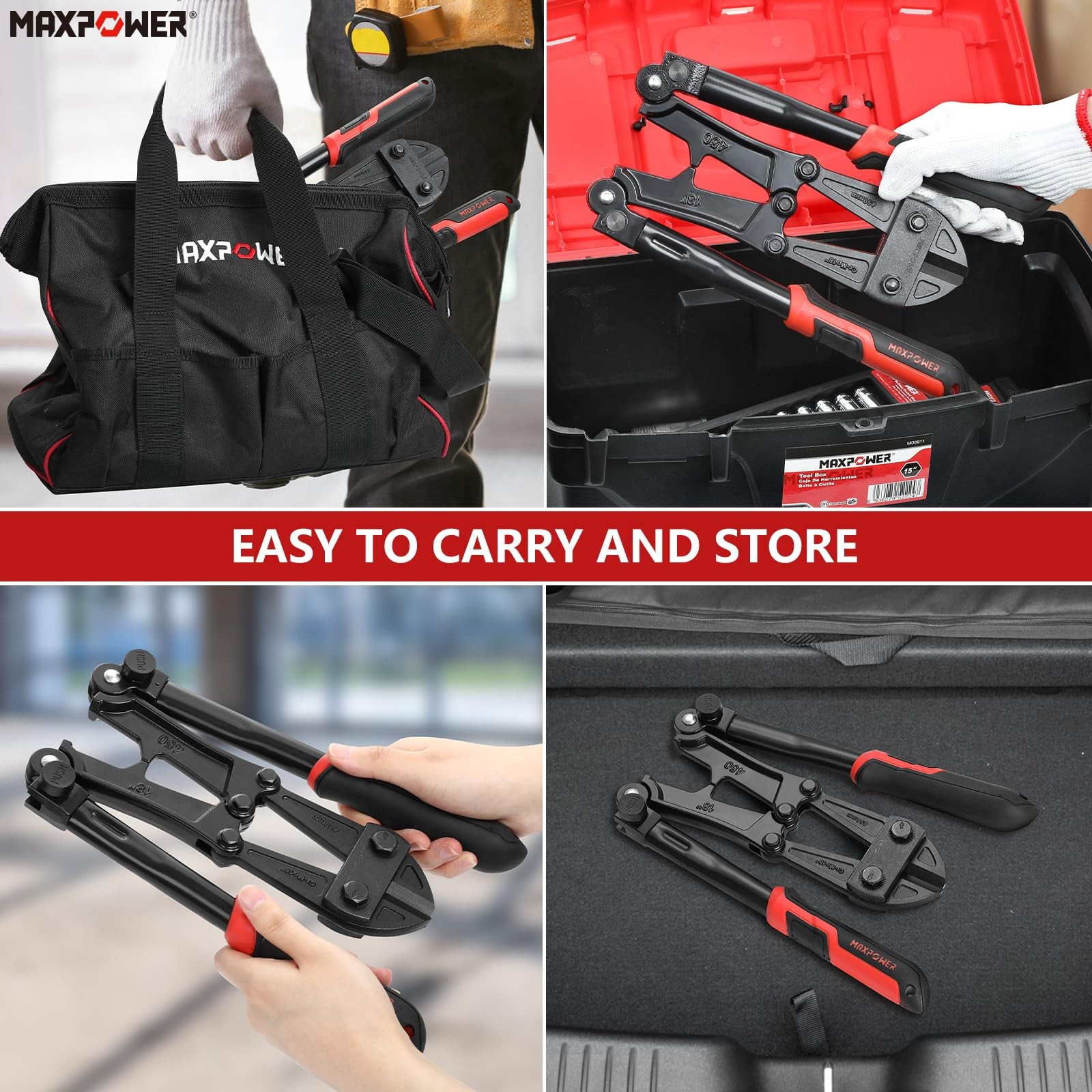 MAXPOWER 18-inch Folding Bolt Cutters, Foldable Cutter 18", Black & Red