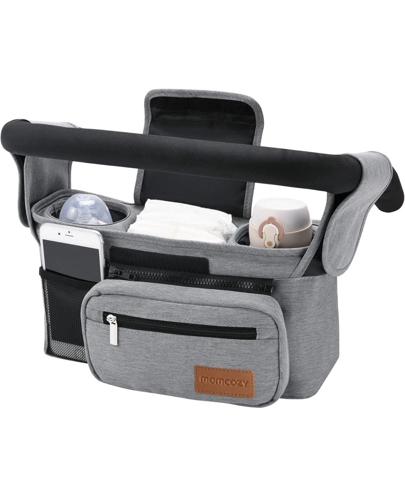 NWT~ Momcozy Uiversal Stroller Caddy Organizer Gray Insulated Cup Holder