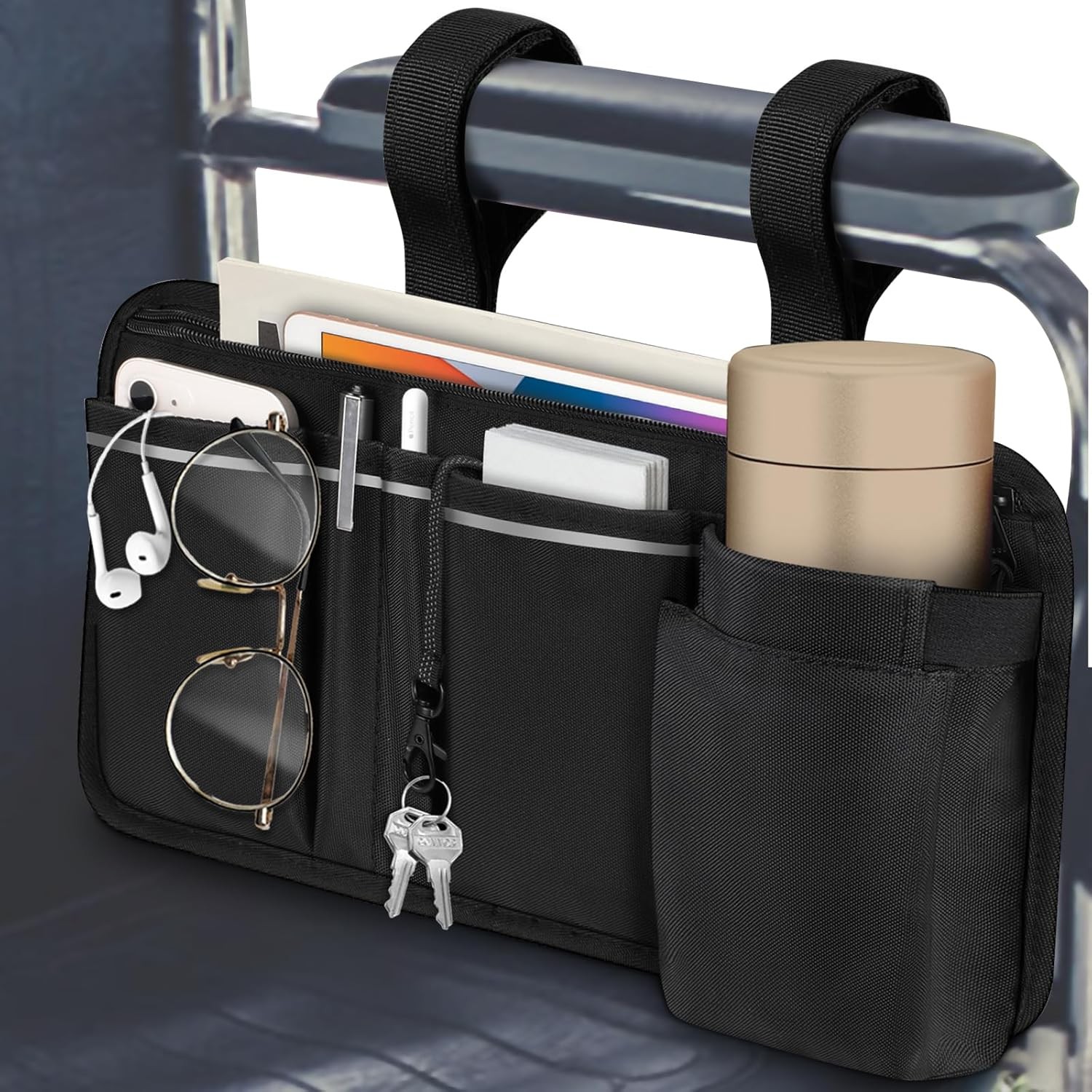 FINPAC Wheelchair Side Organizer Bag with Cup Holder, Black
